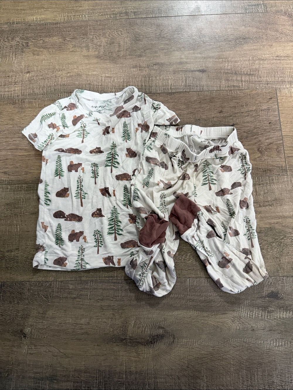 Angel Dear White Pajama Set with Brown Bears and Green Trees